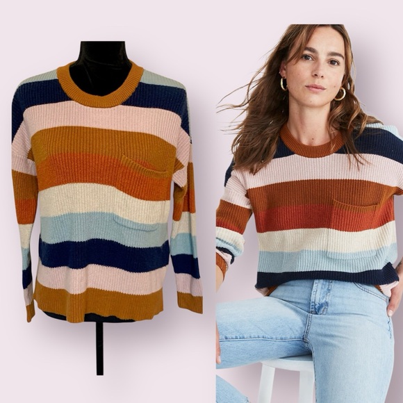 Madewell Sweaters - Madewell Thompson Pocket Pullover Sweater Rainbow Stripe Size Small